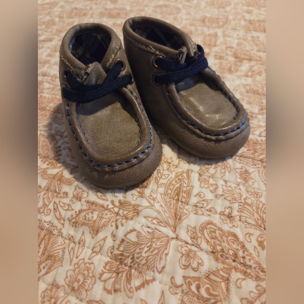 Dbl Barrel Kids Brown Moccasins with Navy Blue Laces